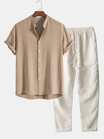 Stylish Short-Sleeve Shirt and White Trousers Set for Men
