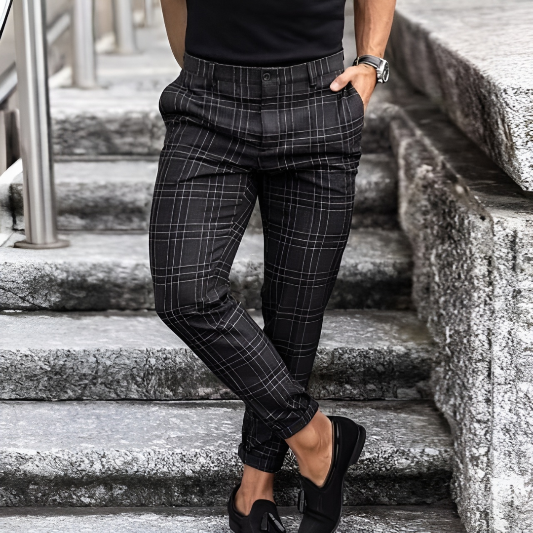 Sleek Slim-Fit Checkered Trousers with Tailored Cut for Men