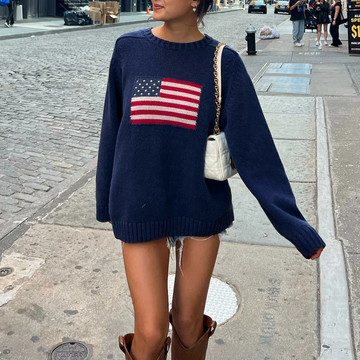 Streetwear-Inspired Blue Knitted American Flag Sweater for Women