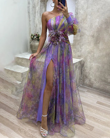 Elegant One-Shoulder Floral Dress with Side Slit for Women