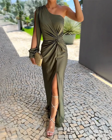 Elegant Olive Green One-Shoulder Maxi Dress with Twist Detail and Slit for Women