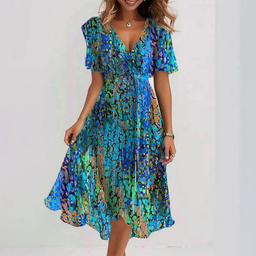 Vibrant Blue Floral Print V-Neck Wrap Dress with Short Sleeves for Women