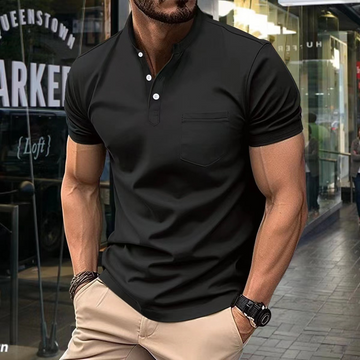 Stylish Henley Polo Shirt with Chest Pocket and Short Sleeves for Men