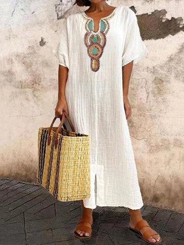 Bohemian Embroidered V-Neck Dress for Women