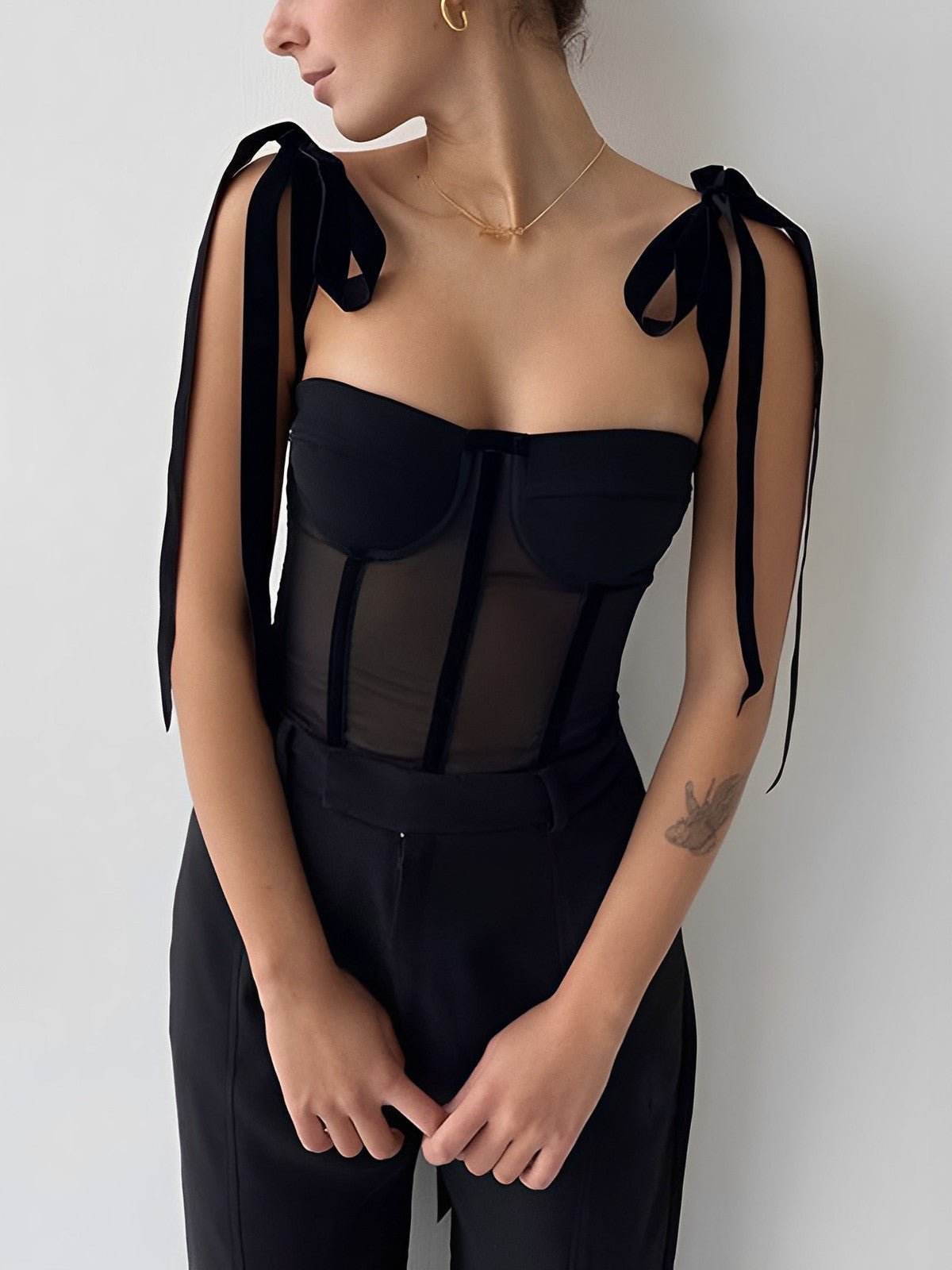 Stylish Black Sheer Mesh Corset Top with Tie Straps for Women