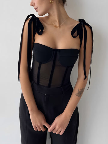 Stylish Black Sheer Mesh Corset Top with Tie Straps for Women