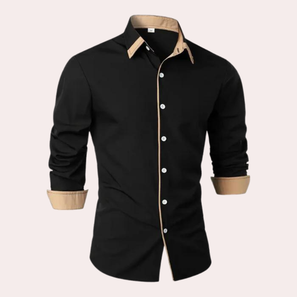 Long Sleeve Shirt with Beige Contrast Collar and Trim for Men