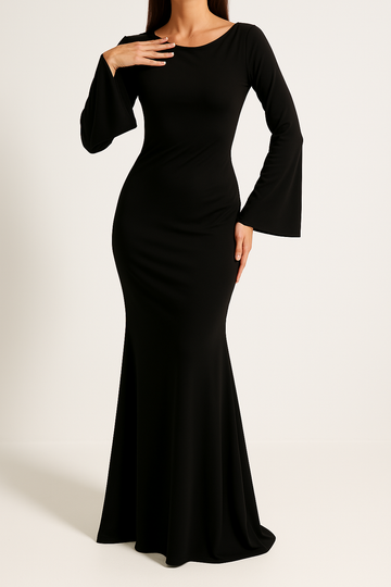 Satin Long Sleeve Dress with Bell Sleeves for Women