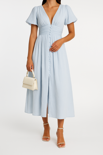 Elegant V-neck Button-Front Maxi Dress for Women