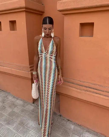 Bohemian Halter Neck Colorful Striped Maxi Dress for Women