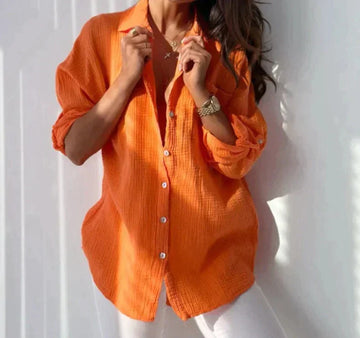 Lightweight Crinkled Button-Up Long Blouse for Women