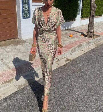 Elegant Twisted Olive V-Neck Midi Dress for Women