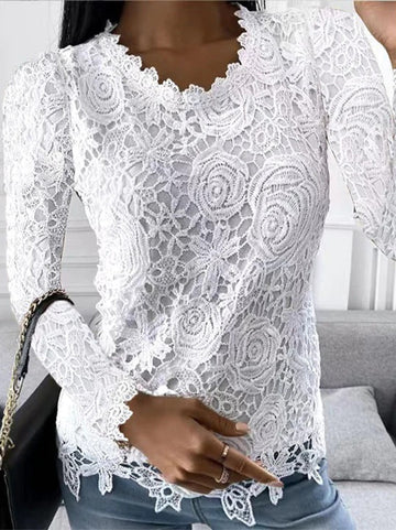 Elegant Floral Lace Long Sleeve Top with Scalloped Hem for Women