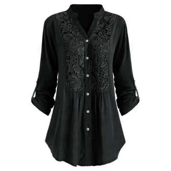 Elegant Lace-Detail Long Sleeve Blouse with Button Front for Women