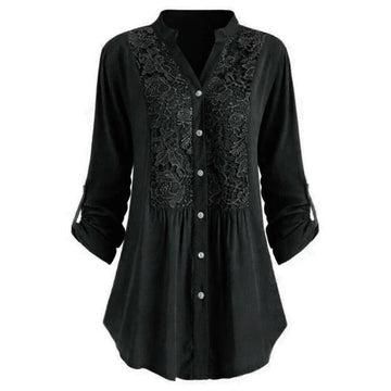 Elegant Lace-Detail Long Sleeve Blouse with Button Front for Women