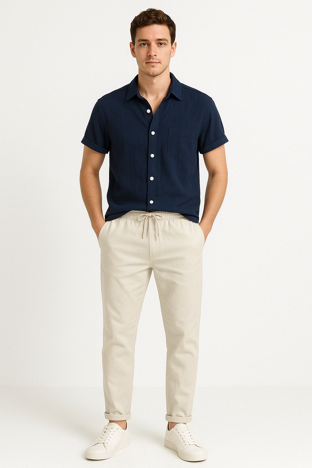 Stylish Beige Trousers and Short Sleeve Shirt Set for Men