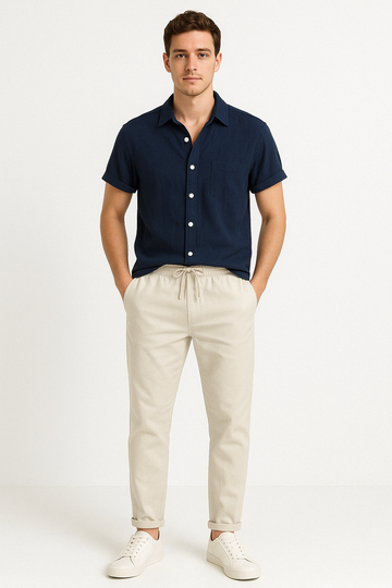 Stylish Beige Trousers and Short Sleeve Shirt Set for Men