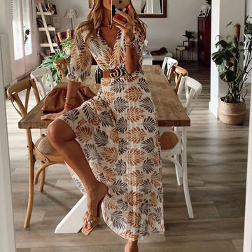 Flowy Brown Belted Leaf Print Maxi Dress for Women