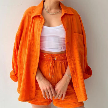 Chic Button-Up Shirt and Drawstring Shorts Set for Women