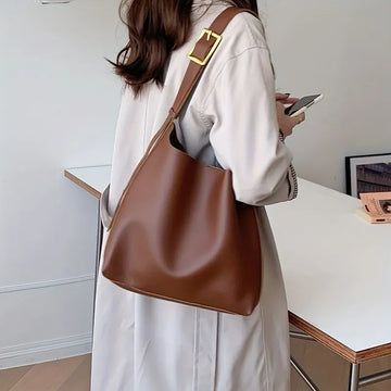 Minimalist Vegan Leather Shoulder Bag with Gold Buckle for Women