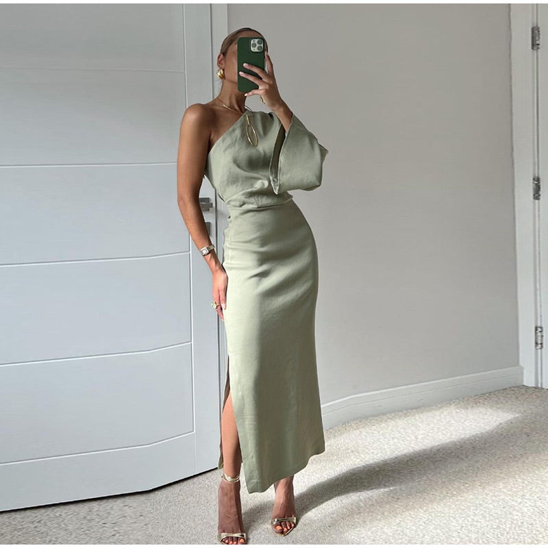 Elegant Sage Green Asymmetric One-Shoulder Midi Dress with Side Slit for Women