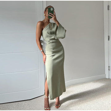 Elegant Sage Green Asymmetric One-Shoulder Midi Dress with Side Slit for Women