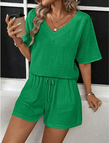 Stylish V-Neck Top and Drawstring Shorts Set for Women