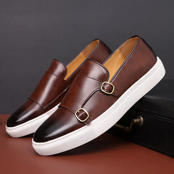 Stylish Vegan Leather Slip-On Shoes with Double Buckle Detail for Men