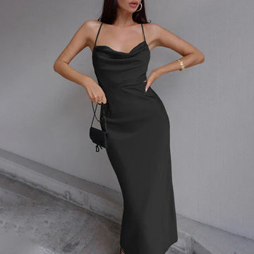 Elegant Cowl Neck Slip Dress with Spaghetti Straps for Women