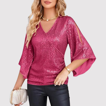 Sparkling Sequin V-neck Top with Bell Sleeves for Women