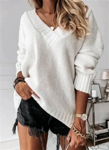 Stylish Chunky Knit V-Neck Sweater with Ribbed Cuffs for Women