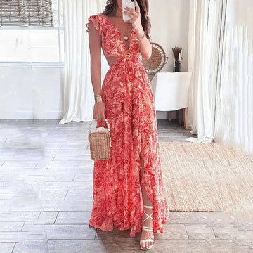Floral Print Cut-Out Maxi Dress with Ruffle Sleeves for Women