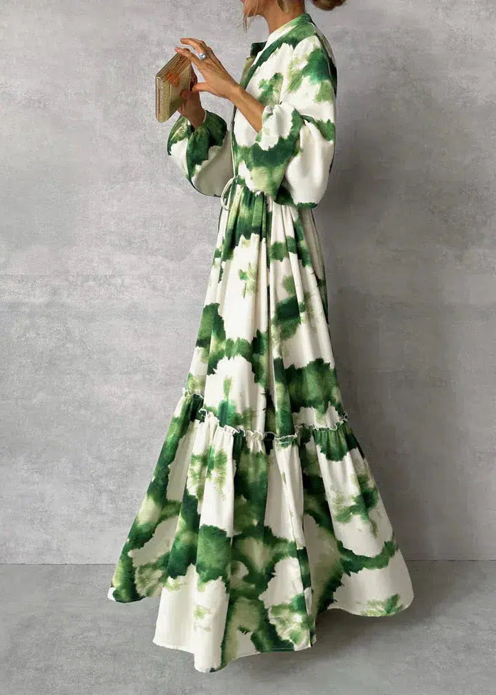 Elegant Green Long Sleeve V-Neck Flowing Maxi Dress for Women