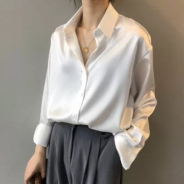 Elegant Satin Button-Up Blouse with Long Sleeves for Women