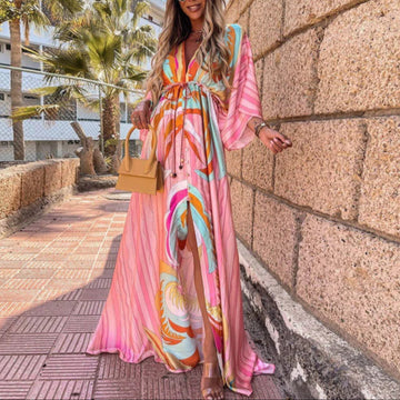 Stylish Print Belted Button-Down V-Neck Maxi Dress for Women