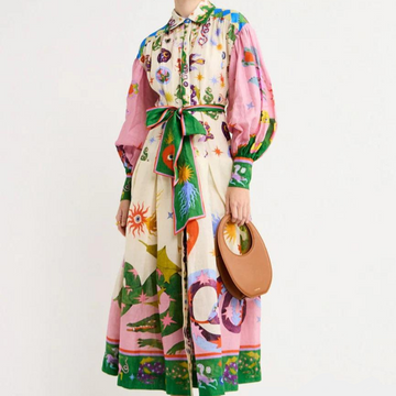 Stylish Multicolour Boho Shirt Dress with Belt and Mythical Print for Women