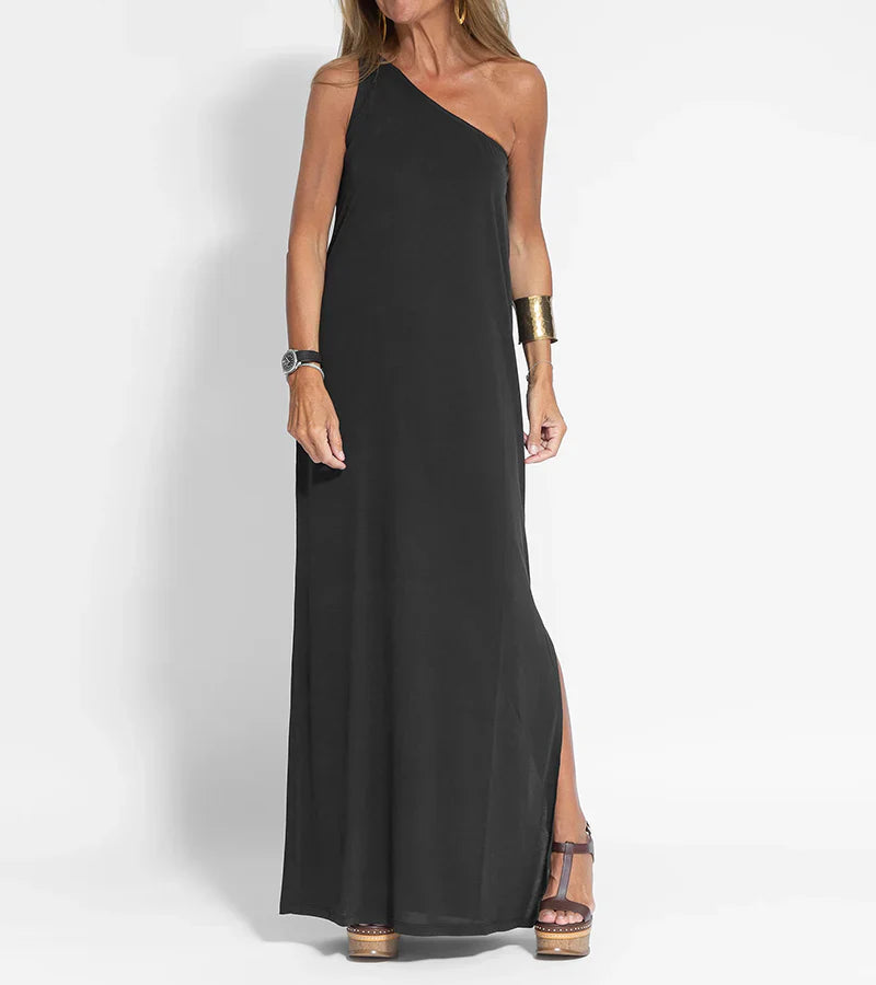 Elegant One-Shoulder Sleeveless Maxi Dress with Side Slit for Women