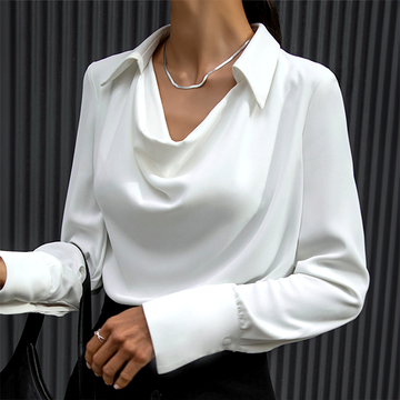 Chic Satin Cowl Neck Blouse with Long Sleeves and Turn-Down Collar for Women