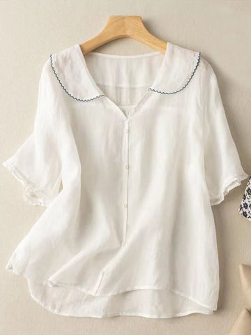 Stylish Button-Down Blouse with Frilled Collar for Women