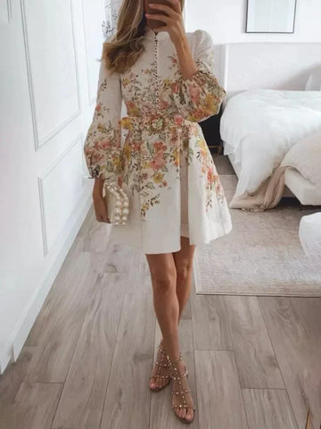 Stylish White Floral Puff-Sleeve Dress with Belt for Women