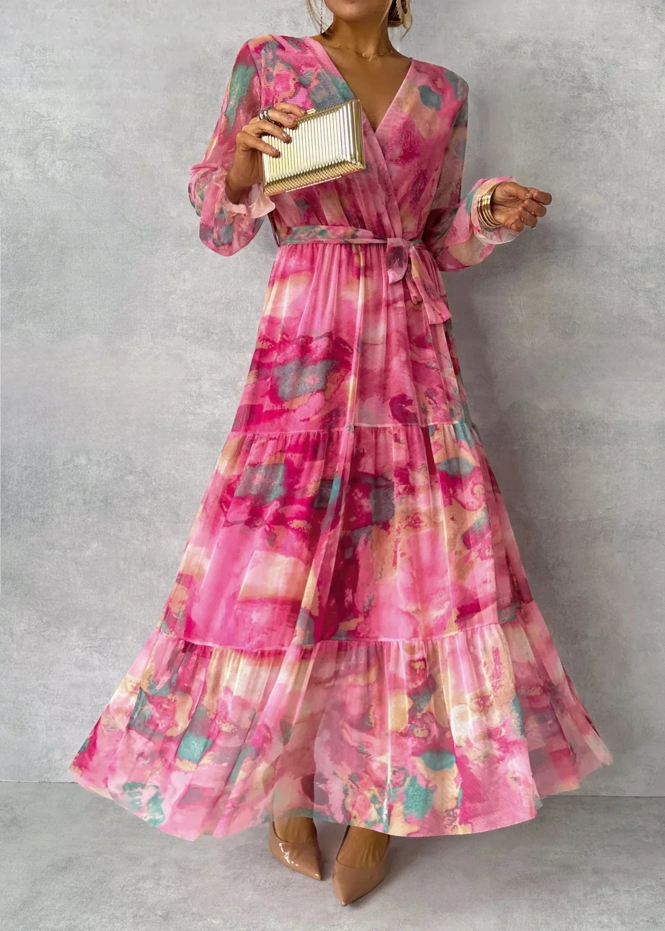 Elegant Pink Floral Long Sleeve Maxi Dress for Women