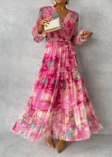 Elegant Pink Floral Long Sleeve Maxi Dress for Women