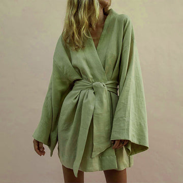Kimono-Style Sage Green Mini Dress with Belted Waist for Women