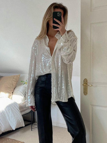 Chic Sequin Button-Up Blouse with Long Sleeves for Women