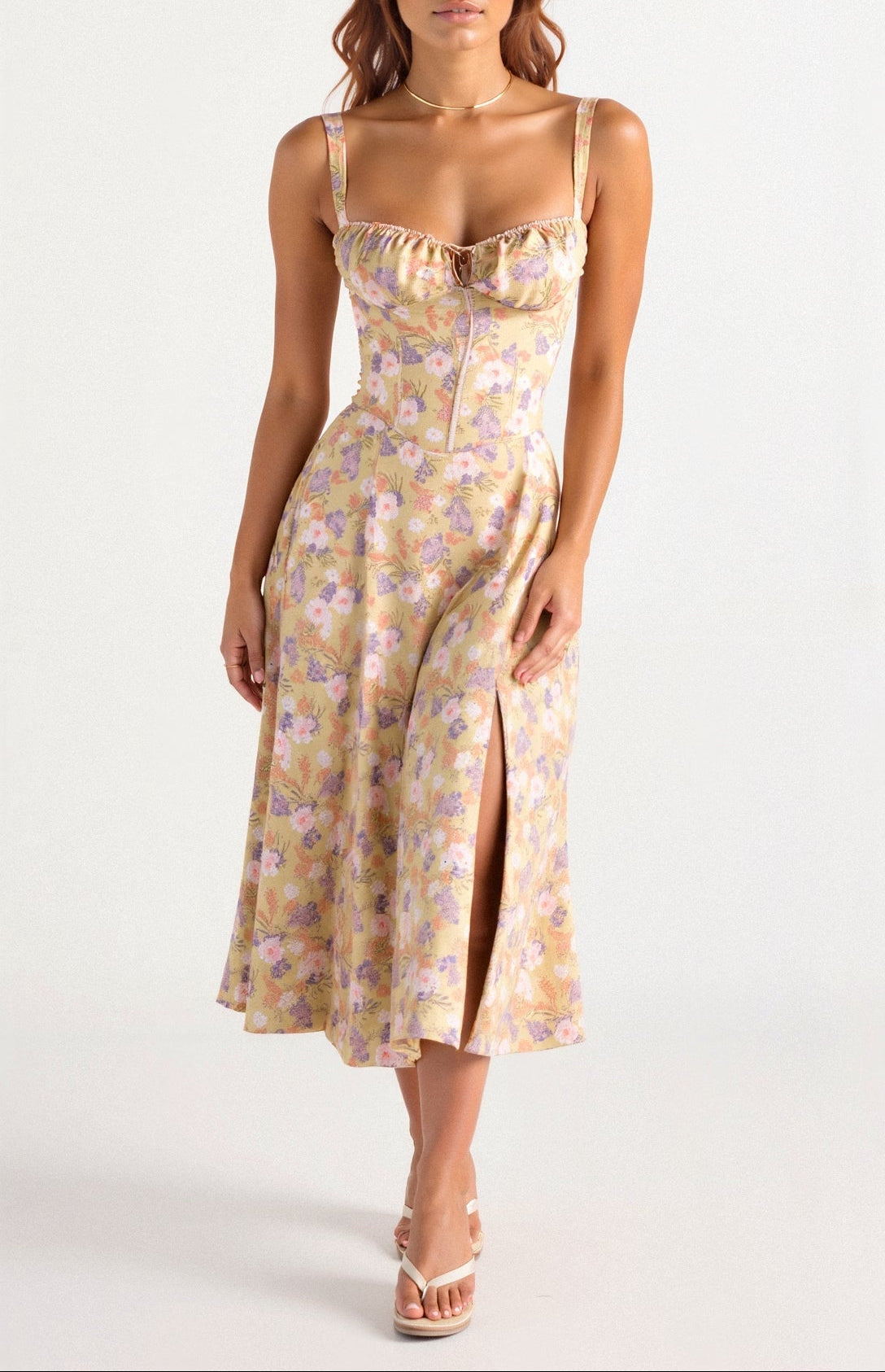 Elegant Corset Midi Dress with Sweetheart Neckline and Side Slit for Women