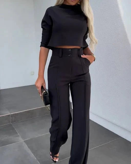 Stylish High-Waisted Trousers and Cropped Top Set for Women