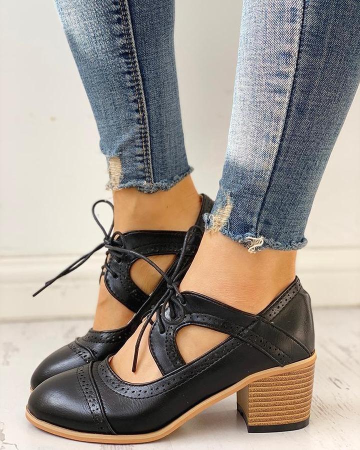 Chic Lace-Up Block Heel Shoes with Perforated Detail for Women