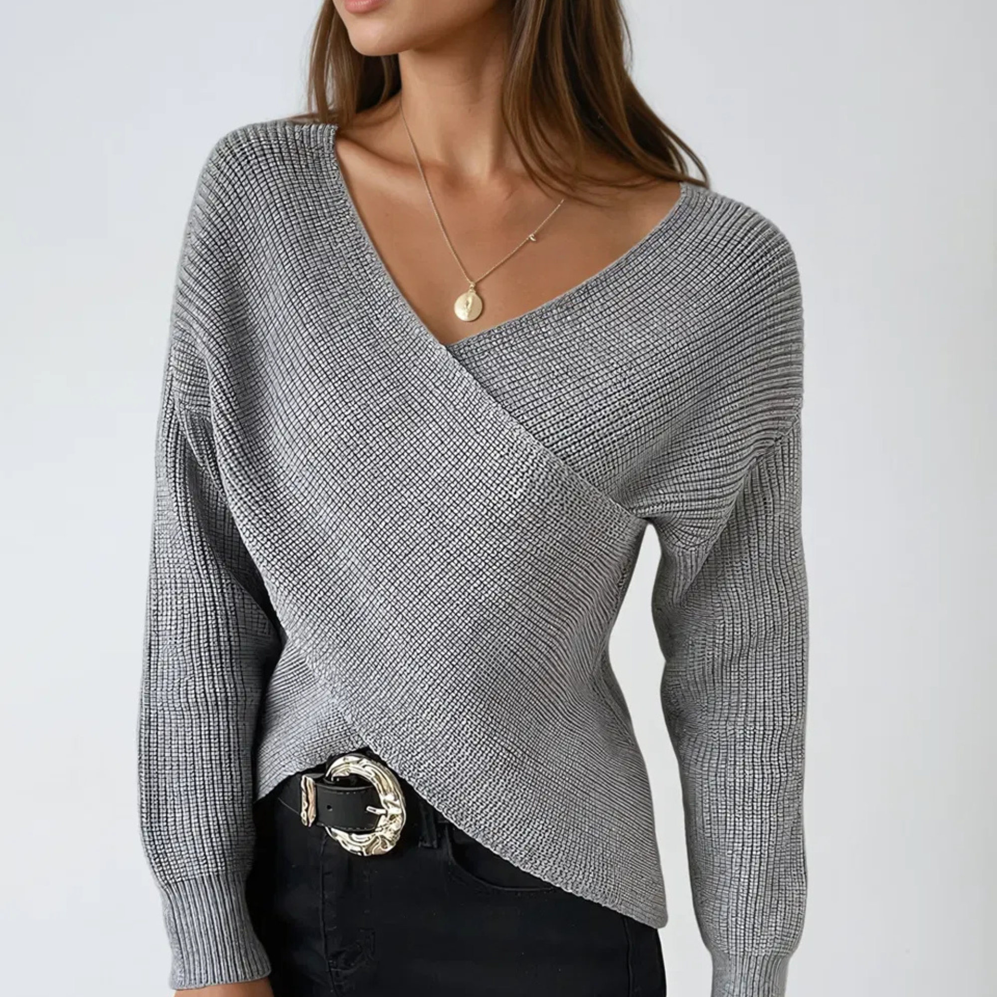 Elegant Grey V-Neck Wrap Knit Sweater for Women