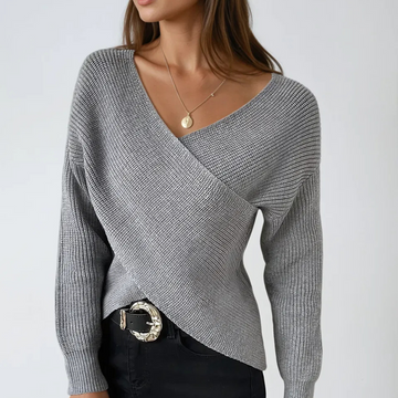 Elegant Grey V-Neck Wrap Knit Sweater for Women