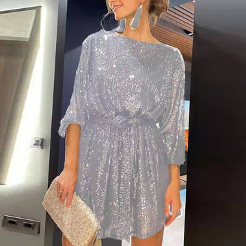Sparkly Sequin Belted Mini Party Dress for Women